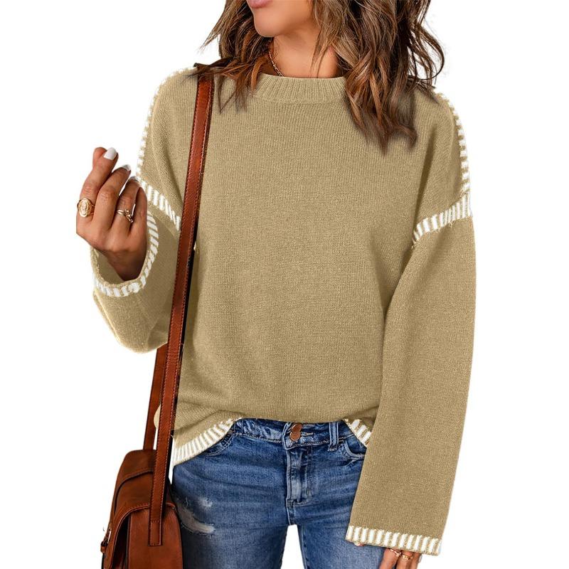 Autumn and Winter Solid Color Round Neck Loose Long Sleeved Contrasting Knitted Pullover Women's Sweaters