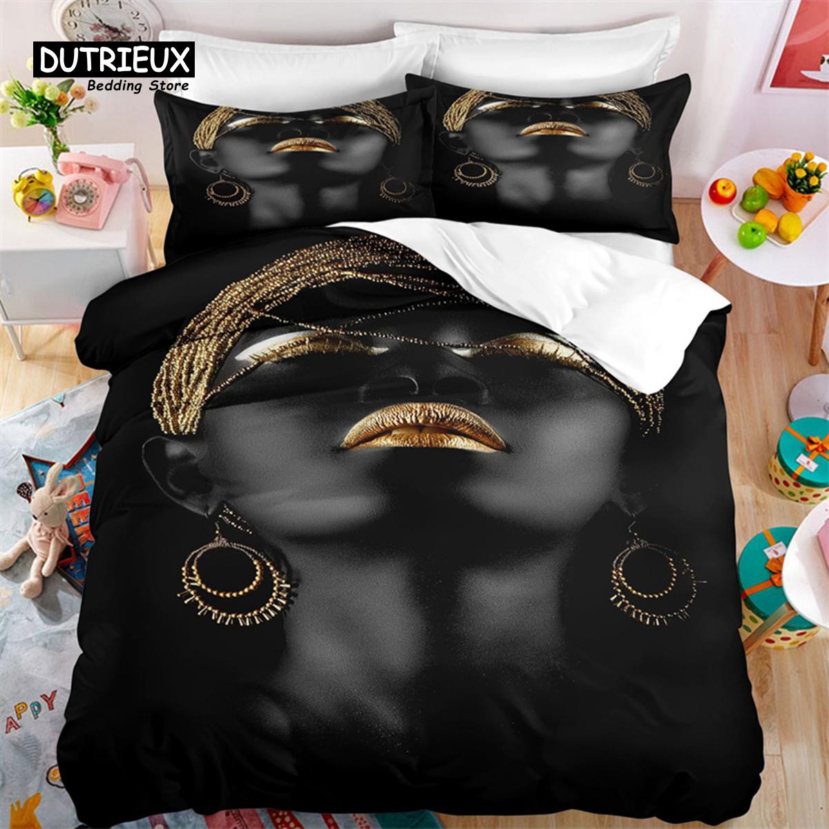 

Пододеяльник для чернокожей девушки в африканском стиле, черный женский комплект постельного белья из микрофибры с 3D-принтом, черный пододеяльник, полный размер King Queen, декор для спальни 150x200cm 3pcs