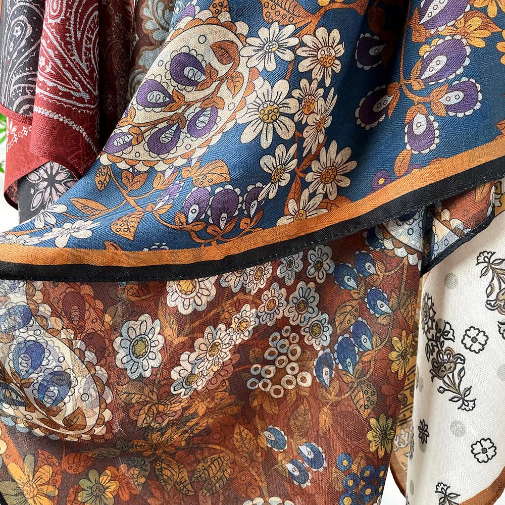 Retro Flower Silk Scarf Autumn and Winter Temperament Elegant Scarf Herringbone Silk Scarf Double-sided Literary Square Scarf Cotton and Linen Square