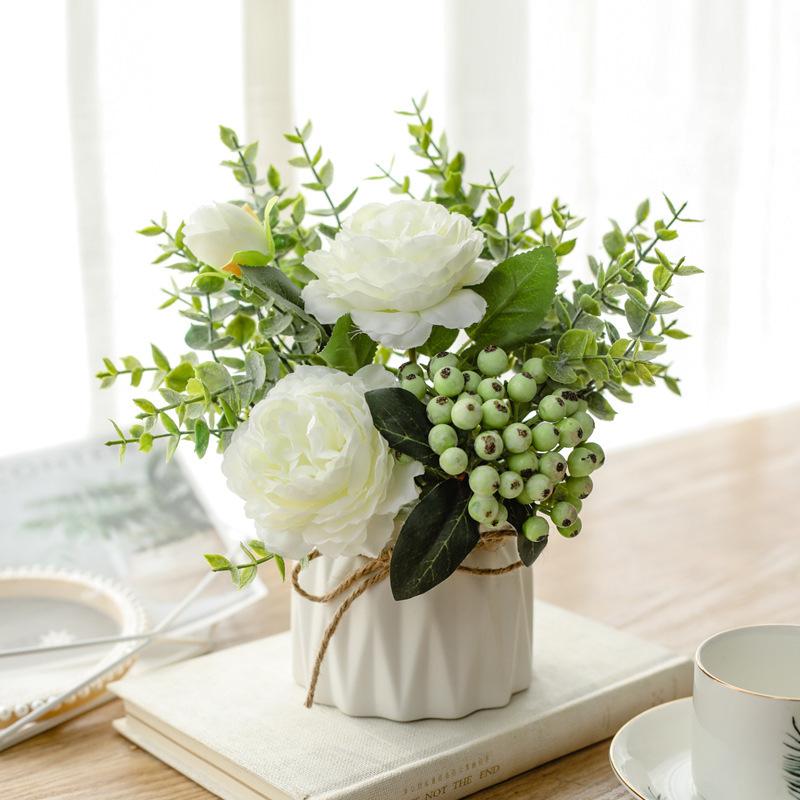 Artificial Flowers with Small Ceramic Vase Faux Roses Plants Eucalyptus Leaves Berries Flower Arrangements Decorations for Home