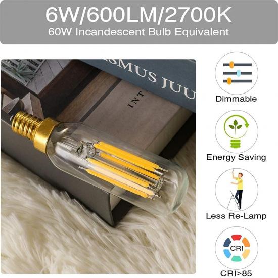 T6 LED Bulb, 60W Candelabra Dimmable Chandelier Light Bulbs 2700K Warm White Clear 600lm 6W E12 Vintage Tube LED Filament Edison Candle Bulb with