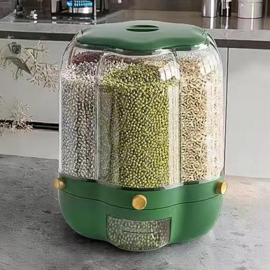Rotating Grain Storage Bin Large Capacity 6 Grids Design Moisture-Proof Transparent Rice Container Cereal Dispenser Bucket