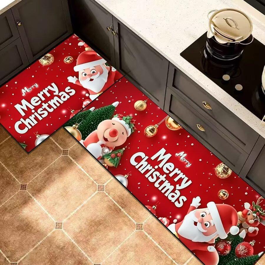 Christmas Santa Kitchen Mat Set, 2-PC Absorbent Non-Slip Floor Rugs for Holiday Decor