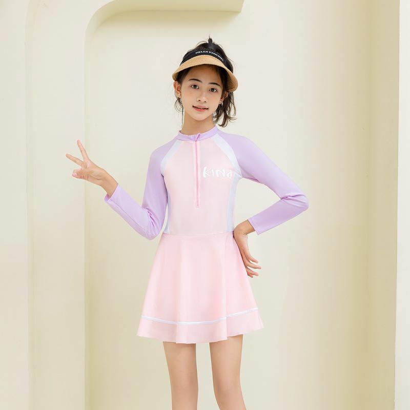 Girls' Long Sleeve One-Piece Skirt Swimsuit for Beach & Hot Springs