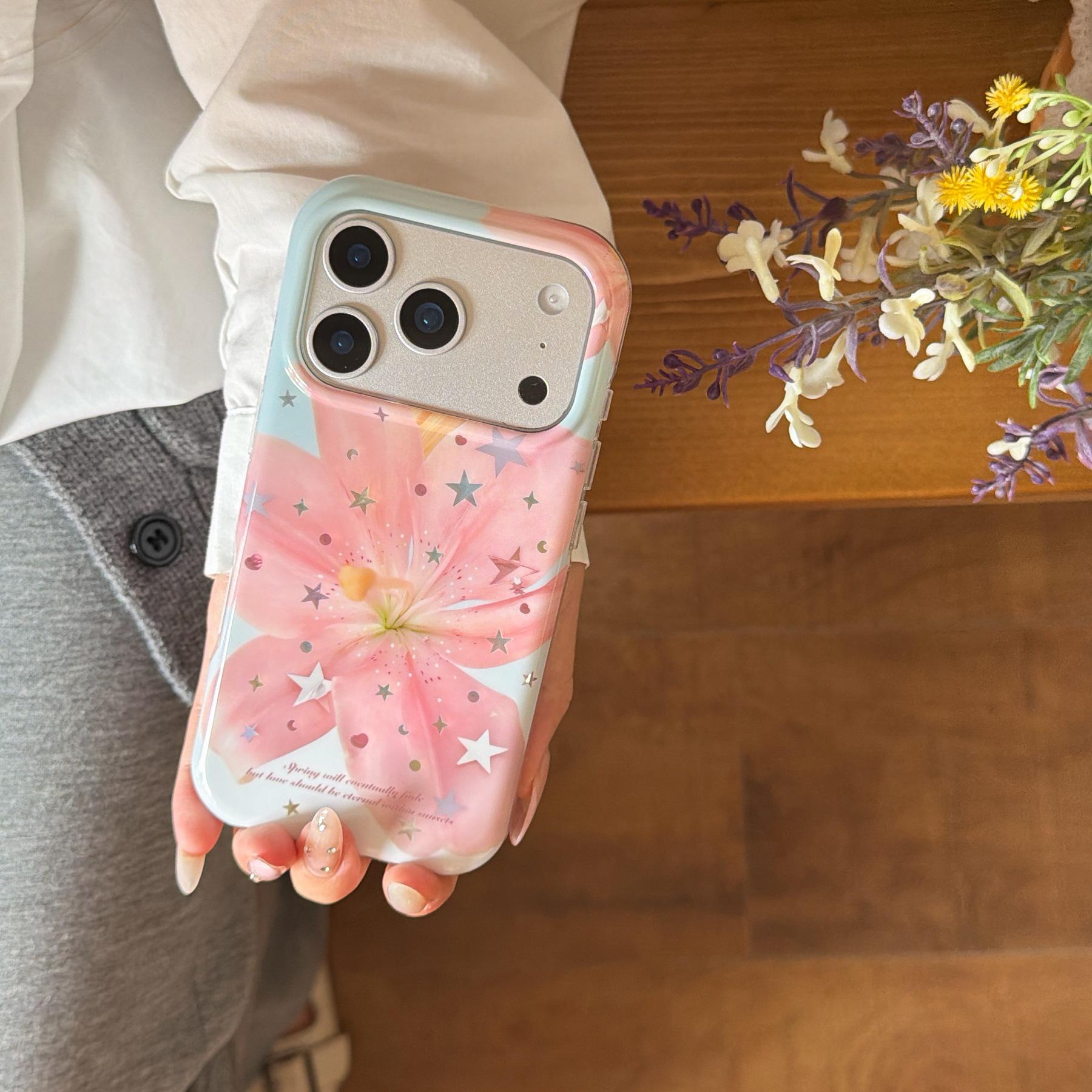 

Korean Star Powder Lily Flower iPhone Case for 17 Pro Max, 16, 15, 14, Girly Heart Design, Anti-Drop Protection 16 Pro Max