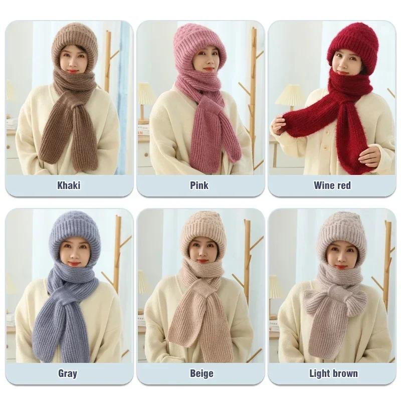 Winter Womens Knitted Hat Double Warm Padded Thickened Hat Scarf One Wool Knitting Net Red Pop Wind and Snow Beanies Hats