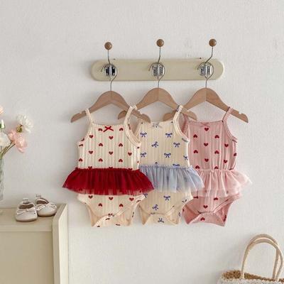 Cotton Baby Mesh Skirt Bodysuit Butterfly and Heart Print Suspender Bodysuit  Summer Season