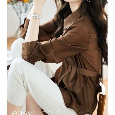 Camisa Casual de Moda de Color Sólido con Cordones, Solapa y Mangas Largas de Alta Gama para Mujer