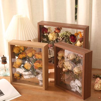 Wooden Photo Frame Clear Double-sided Display Stand Rustic Desktop Floating Picture Frame for Dried Flower Display DIY Crafts