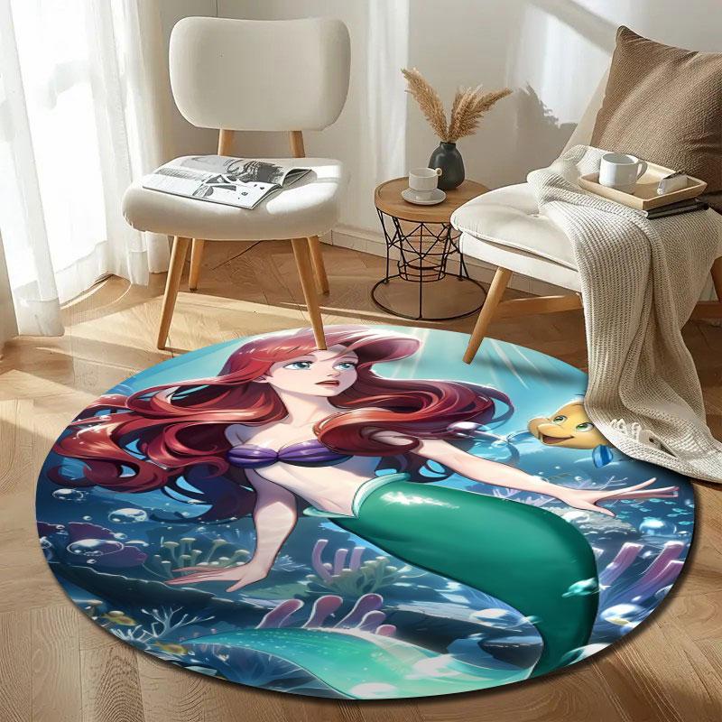 Trendy Mermaid Coral Round Rug, Teal Playful Vibe, Stylish Rug for Bedside Floor and Room Entrance with Calm with Mood with Rich Tone