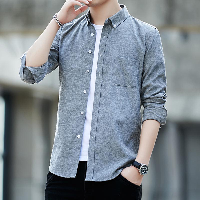 Cămașă Oxford cu mânecă lungă pentru bărbați, croială slim fit - Albastru uni, Negru sau Alb, stil coreean