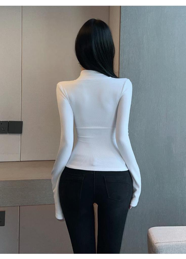 Women’s Deep V Slim Fit Long Sleeve Top - Sexy Brushed Base Layer T-shirt