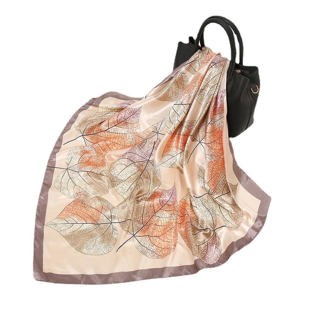 Square Silk Scarves Women Hijab Shawl Leaves Print Kerchief Femme Head Scarf Foulard Bandana Beach Pareo Imitation Silk 90*90Cm