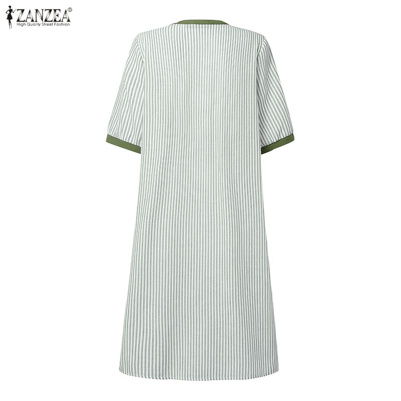 ZANZEA Women Casual Round Neck Summer Half Sleeve Stripe Dress