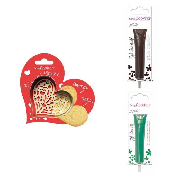 Kit pour biscuit en relief Coeur + 2 Stylos au chocolat marron et vert