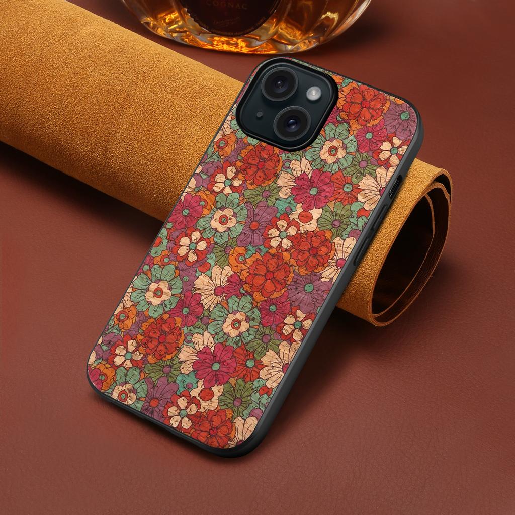 For iPhone 15 Leather Back Cover Floral Pattern TPU+PC Slim Phone Case