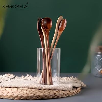 Cuillères à Dessert en Bois Naturel - 7,8 Pouces 5PCS pour Café, Glace, Cuillères à Long Manche Écologiques, Vaisselle Lavable au Lave-Vaisselle