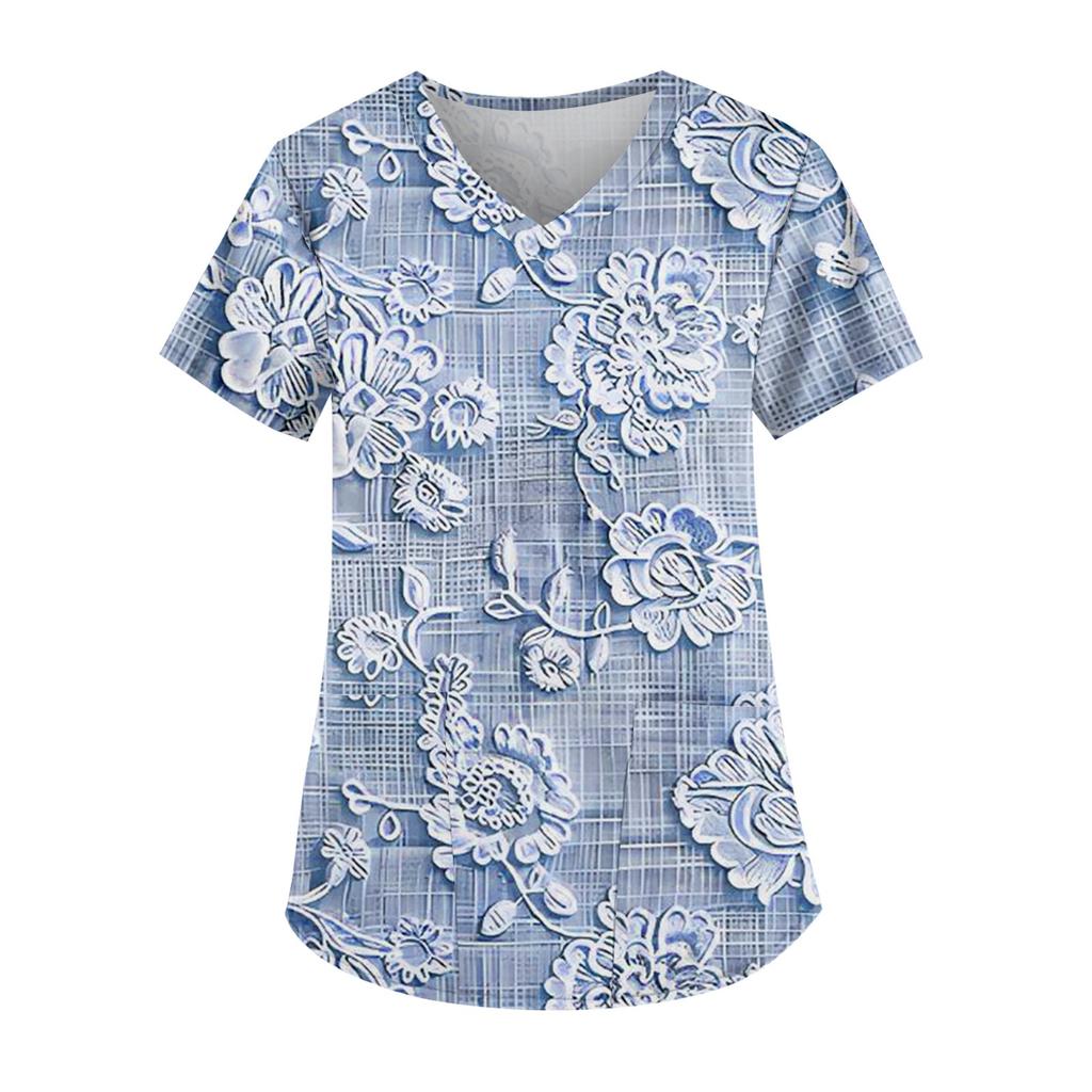 Plus Size Printed Scrub Working Uniform Tops For Women's V-Neck Short Sleeve Fun T-Shirts Workwear Tee With Pockets