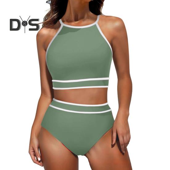 

2 шт./комплект женский комплект бикини бюстгальтер с завязками на шее и спине-борцовкой плавки с высокой талией спортивный купальник с цветными блоками S армия зеленый