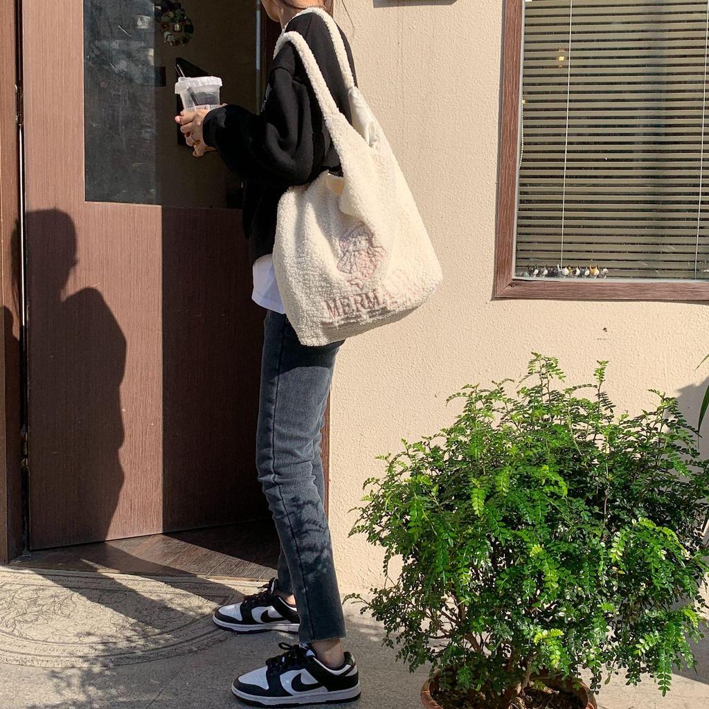 Autumn Winter Cute Girl Plush Vest Bag Sweet Student Embroidery One Shoulder Tote Bag