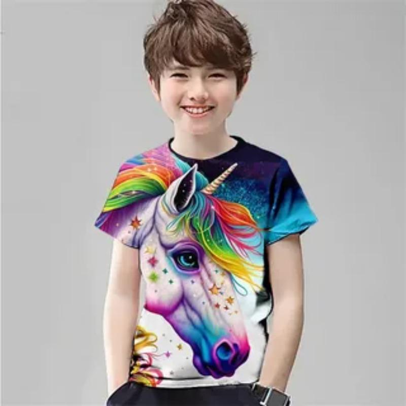 Summer Round Neck Children's Short Sleeved T-shirt Cute Horse Animal Pattern Print Comfortable Fashionable Loose Fitting Girls Boys T-shirt