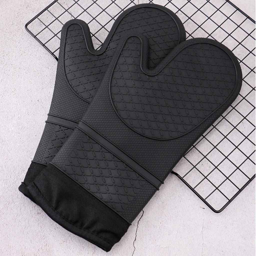 Heat Resistant Gloves Thickened Silicone Cotton Lining Insulated Oven Mitts for Kitchen Cooking Baking Black