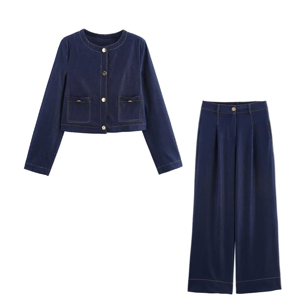 

2025 Spring Women s Color-Block Topstitched Jacket & High-Waisted Wide-Leg Pants Set S