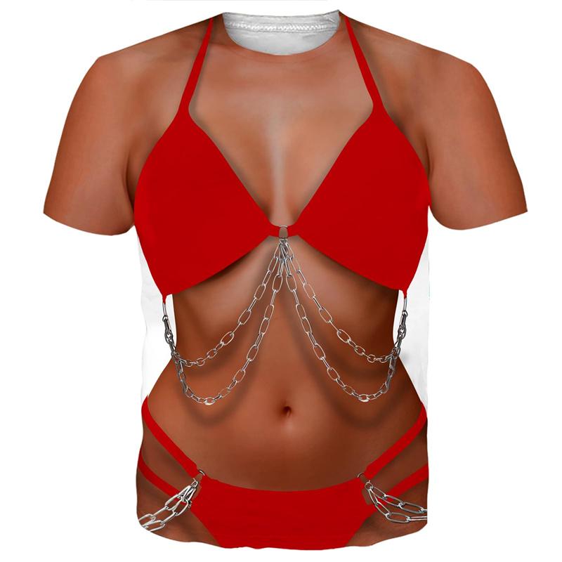 Men's Bikini Printed Fun T-shirt, Fake ABS Muscle 3D Printed Short Sleeved T-shirt, Cosplay Women's Clothing, Novelty T-shirt