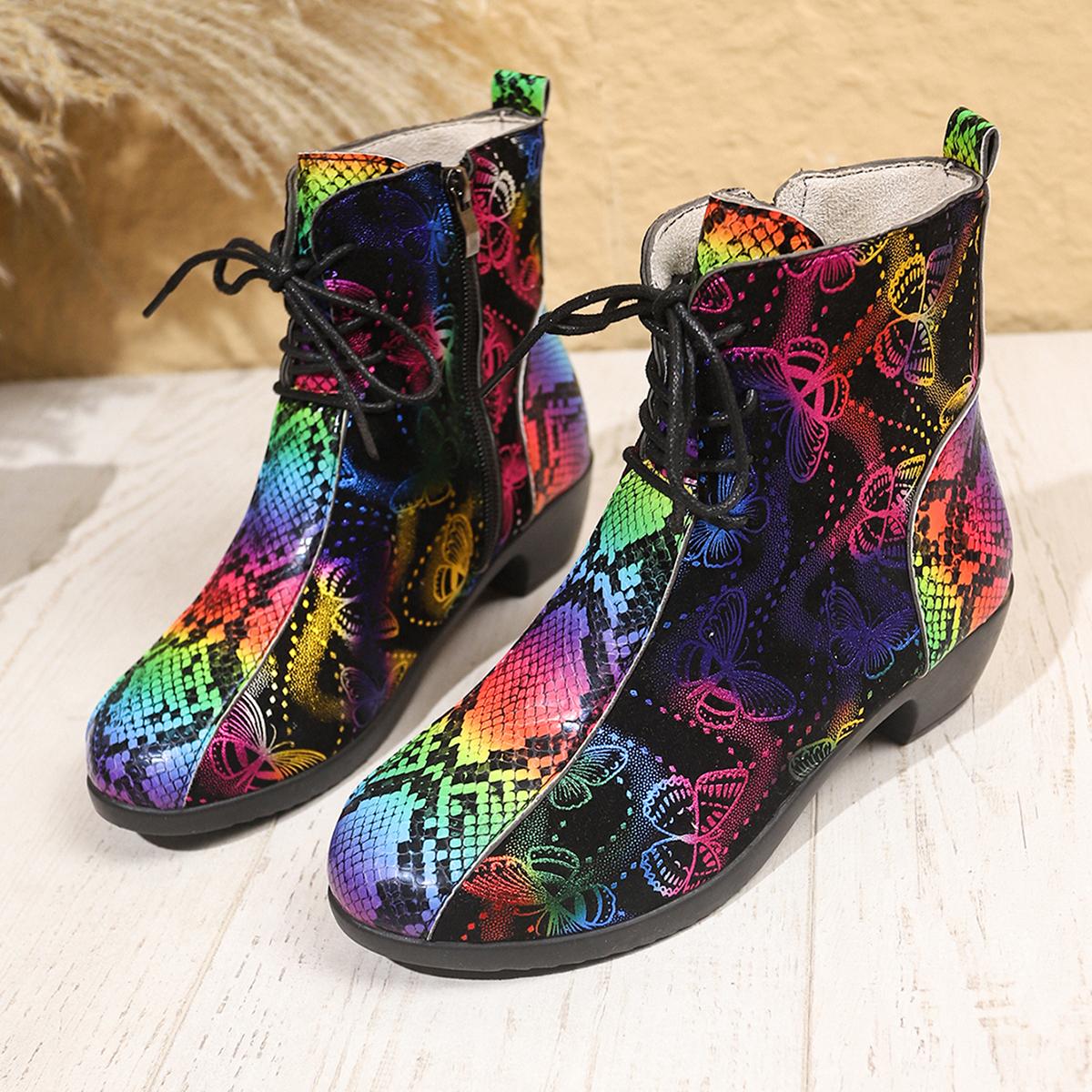 

Осень Новые Ботильоны на Толстом Каблуке Модные Круглый Носок Шнуровка Спереди Принтованные Женские Ботинки Классика Мягкая Подошва Нескользящие Ботильоны 40