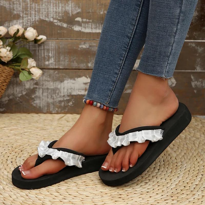 Fashion 2025 Fashion Pleated Flip Flops for Women Black Clip-Toe Flat Ladies' Slippers Summer Comfortable Outdoor Slides Mujer