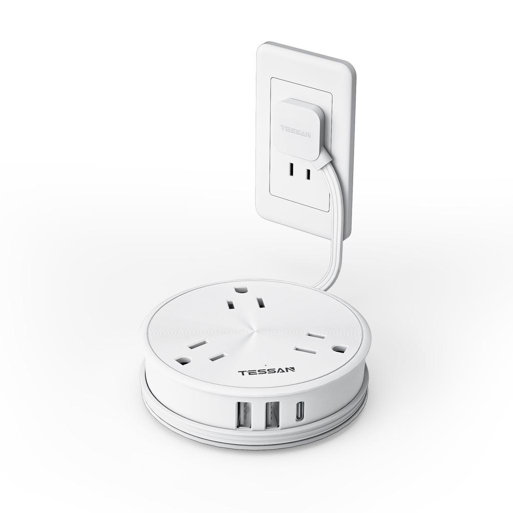 TESSAN Steckdosenleiste mit Slim 3 AC 1 und 2 Kompatibel mit und Strom Ideal für Geschäftsreisen und Reisen USB, Kurz, Stecker, Typ-C-Stecker, Rund,