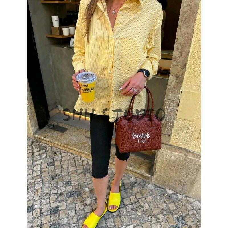 Summer New Product Women's Clothes French Style Casual Loose Yellow Stripe Long Sleeves Lapel Mid-Length Shirt Tops