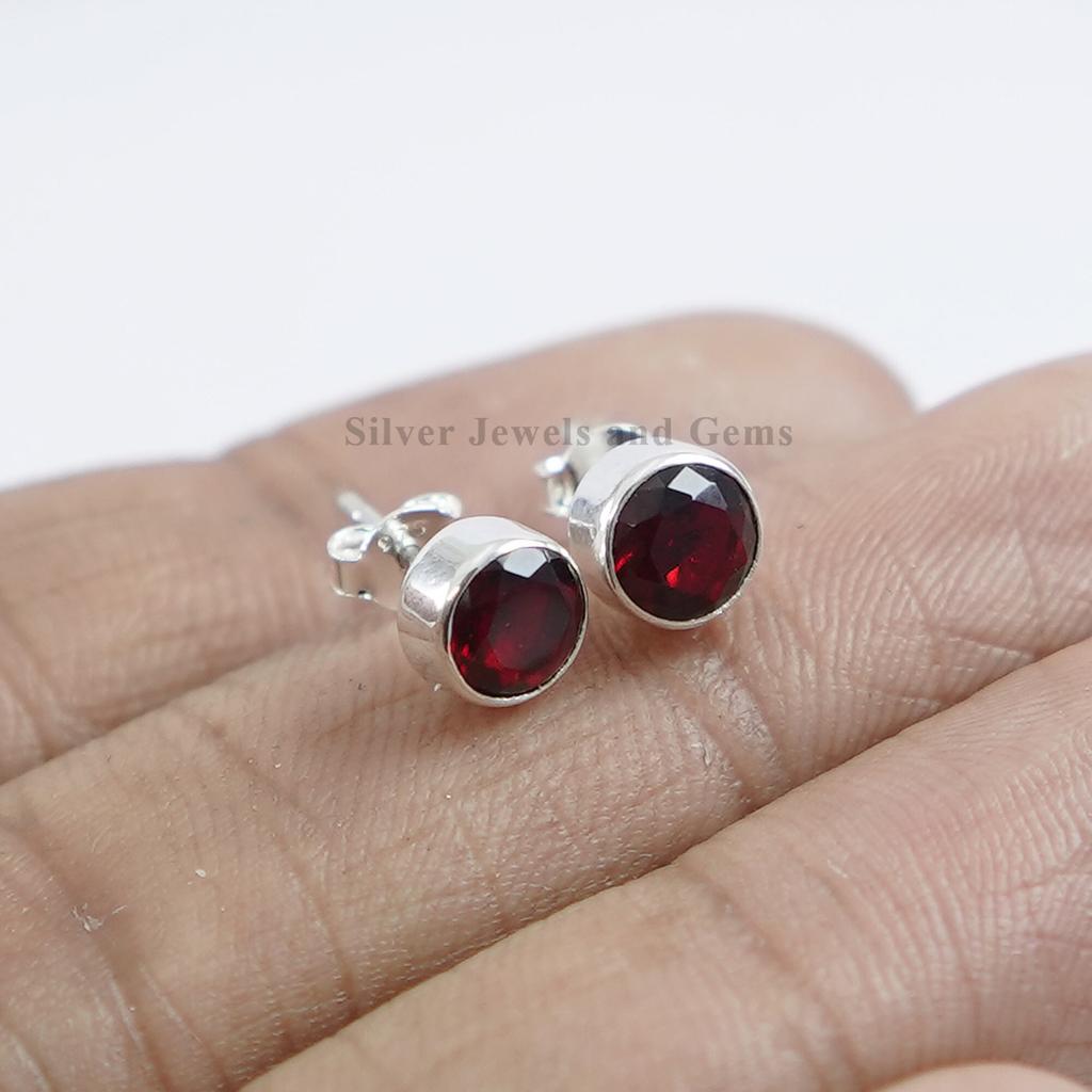 Natural Garnet Stud Earrings, 925 Sterling Silver, Dainty Gemstone Earring