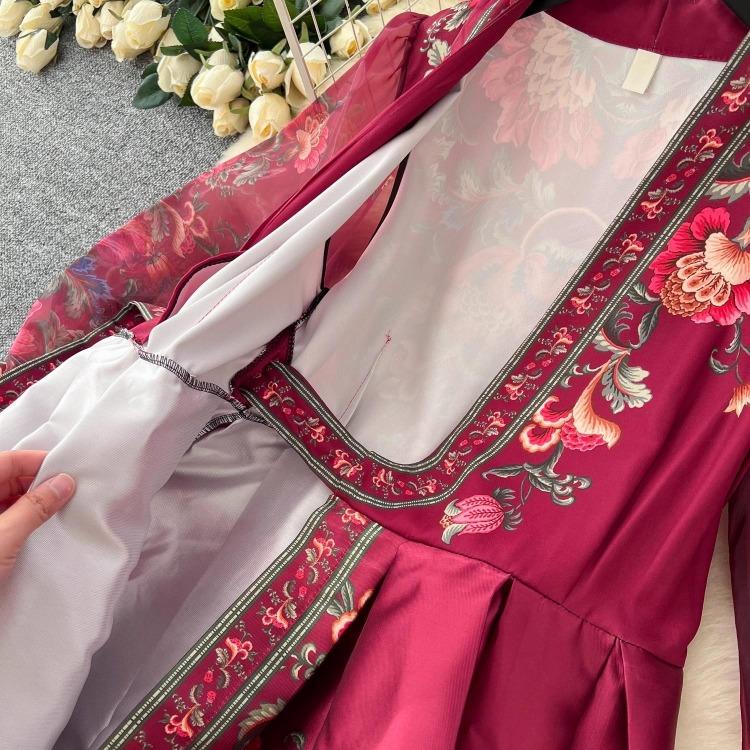Vestido de Fiesta Boho para Mujer Impresión Floral Preciosa Gasa Manga de Farol Cierre de Cordones Cruzado Cuello en V Empalme de Banda de Satén