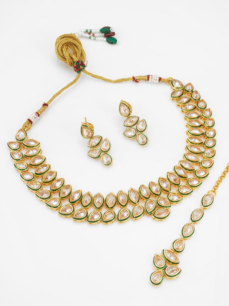 Gold-Plated White Stone-Studded & Beaded Handcrafted Jewellery Set