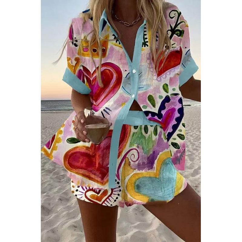 Богемный цветочный свободный женский комплект из коротких рубашек X-Large