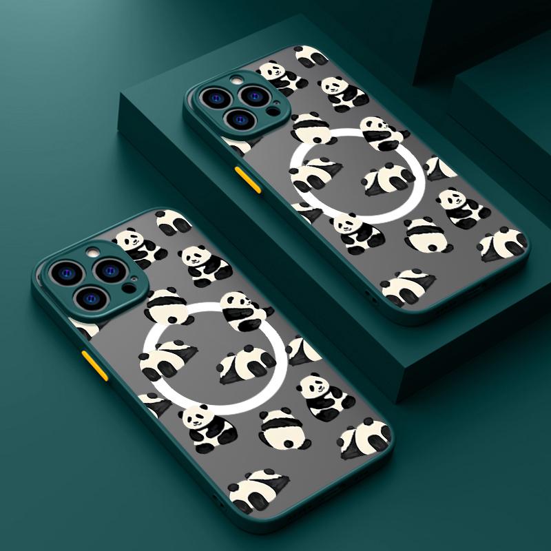 

Чехол с прозрачным магнитным узором и рисунком панды для iPhone 15 Plus 14 13 12 Pro Max 11 8 7 для беспроводной зарядки Magsafe, мягкий противоударный матовый тонкий чехол для телефона iPhone 15 чёрный