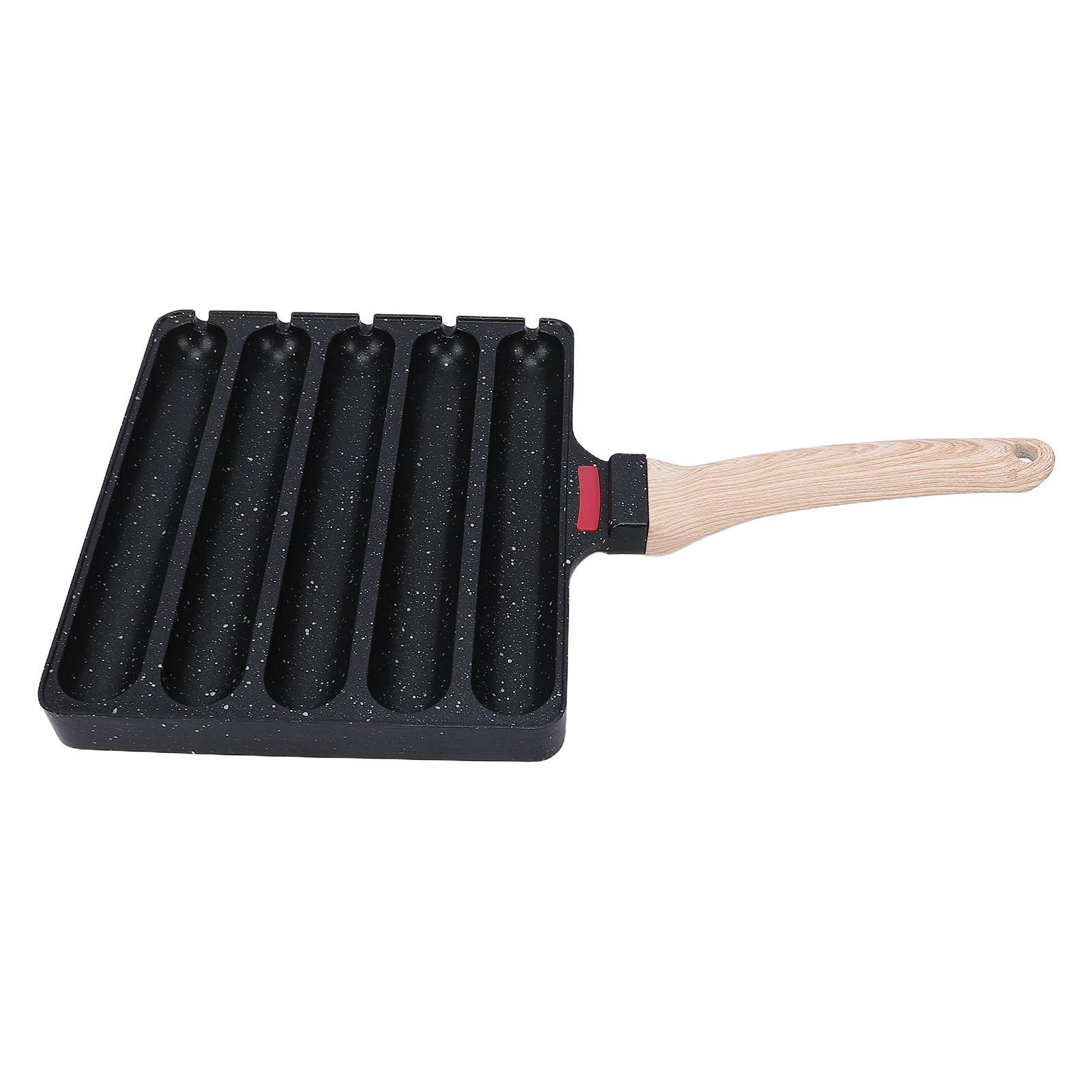 Sausage Grill Pan Non Stick Sausage Mold Hot Dog Baking Pan with Wooden Handle for Indoor Outdoor Use Black L