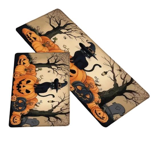 huaqianguhh 2Pcs/Set Halloween Kitchen Rugs, Anti Slip Absorbent Floor Mats, Pumpkin Black Cat Ghost Designs, Decorative Rugs for Living Room Bathroom
