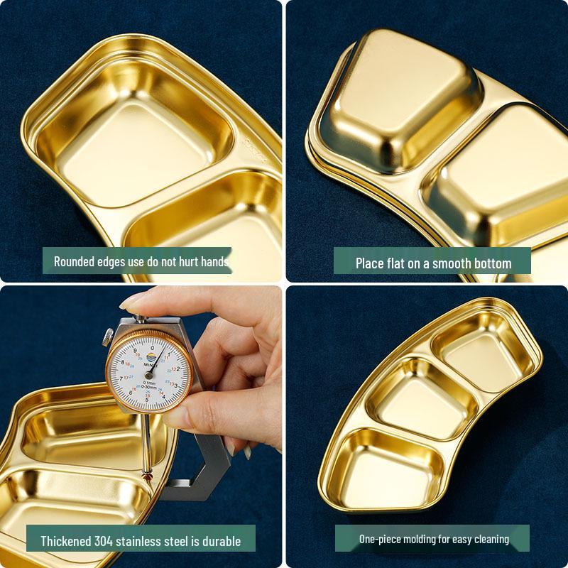 Golden Korean-Style Two/Three-Compartment Sauce Dishes – 304 Stainless Steel for Kimchi, Barbecue, and Hot Pot Seasoning.
