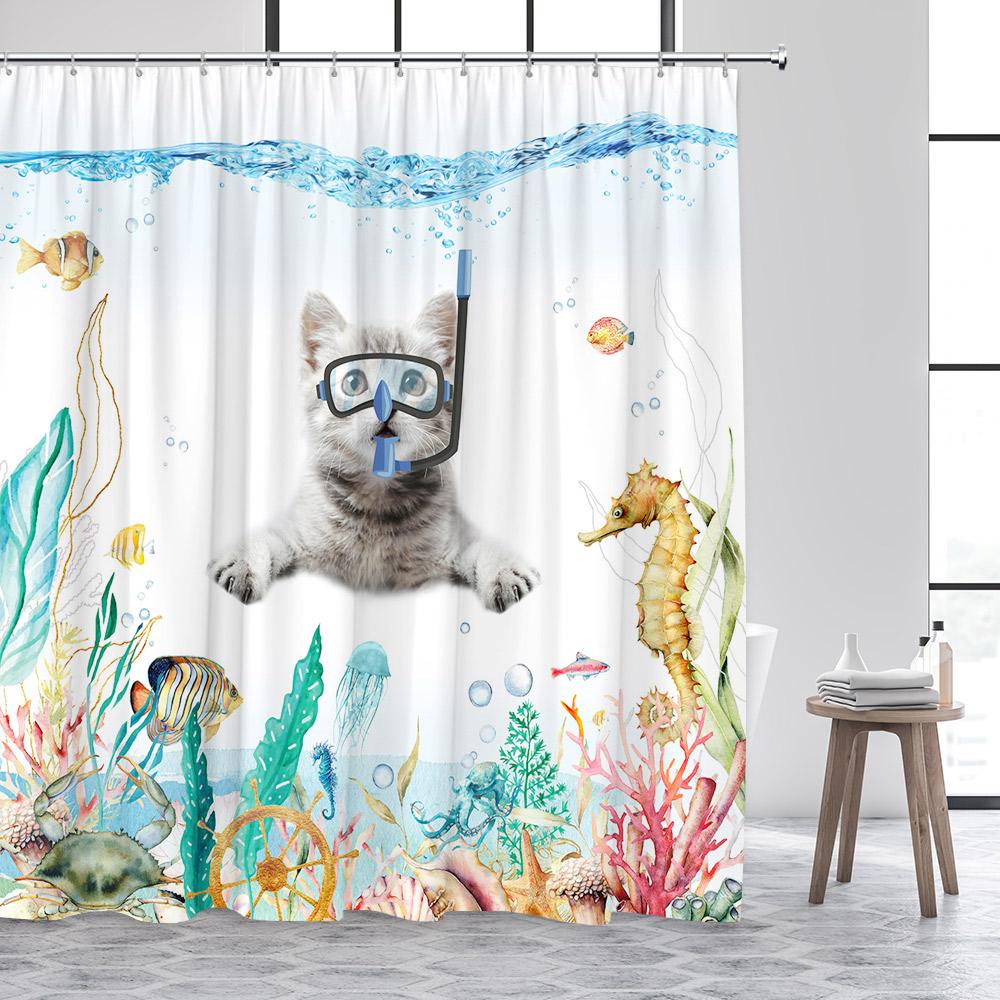 Funny Animals Shower Curtain Cute Diving Dog Cat Riding Shark Brown Bear Ocean Landscape Children Bathroom Curtains Fabric Decor