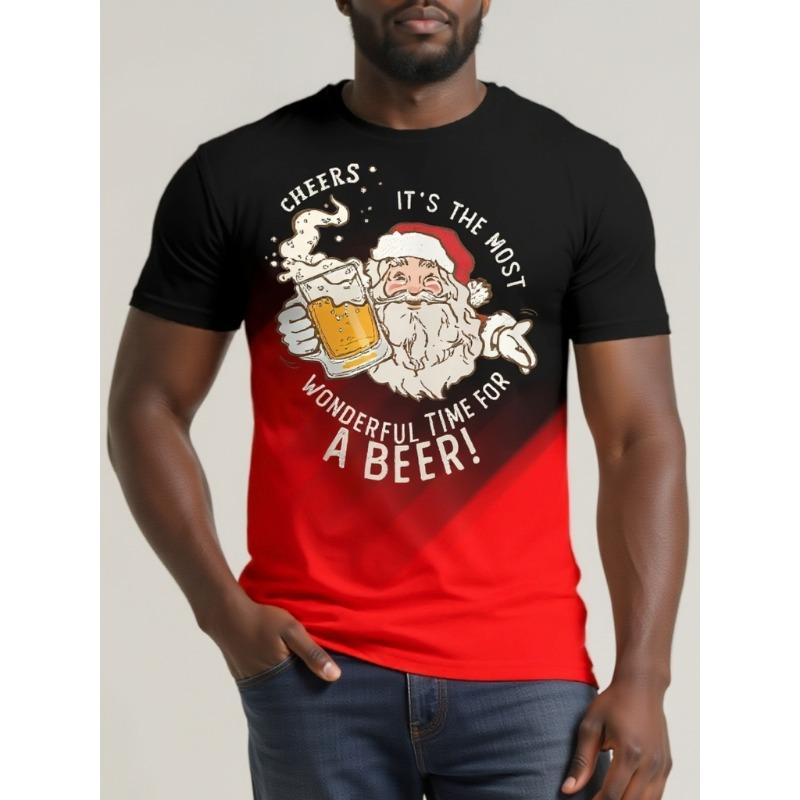 Christmas Party Beer Pattern Men's T Shirt Funny 3D Print Santa Claus Tees Casual O-neck Short Sleeve Top Fashion X'mas Clothing