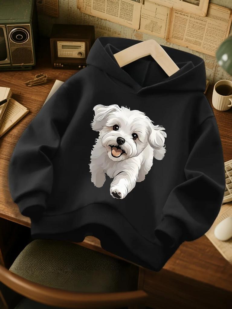Cute White Maltese Dog Kids Hoodie Lovely Puppy Pet Chest Print Autumn Winter Fleece Warm Children Casual Hooded Sweatshirt