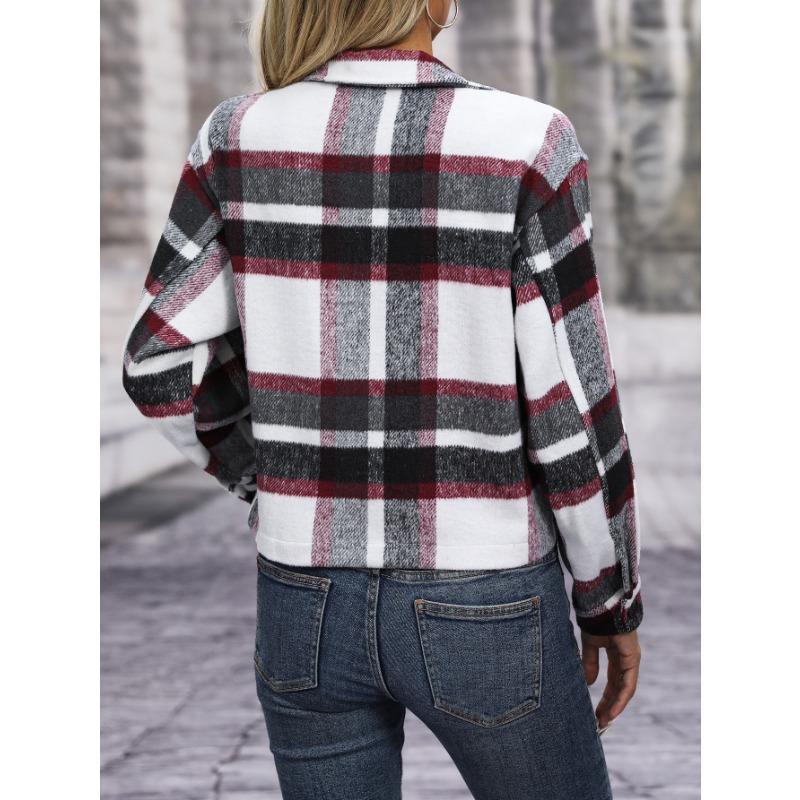 Autumn and Winter Women's Plaid Shirt Lapel Pocket Fashion Casual Short Plaid Jacket