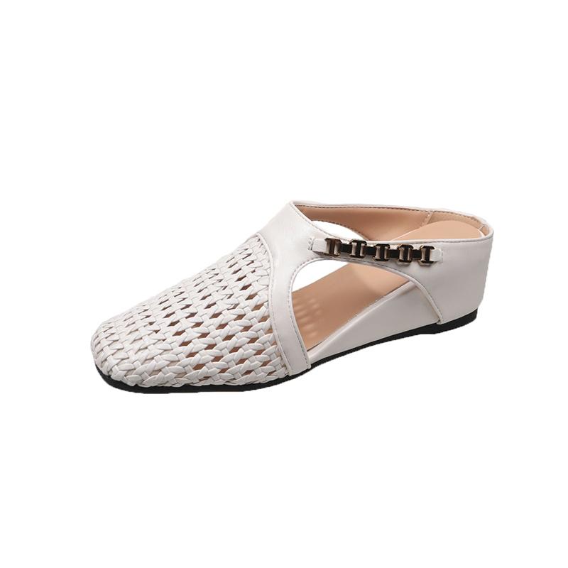 Summer Heightened Woven Hollow Wedge Slippers New Square Toe Metal Chain Lightweight Breathable Slip-on Slippers