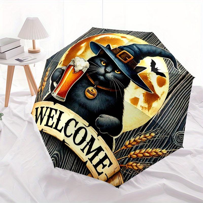 Halloween Cat with Moon Welcome SignUmbrella, Portable 3-Fold Compact Umbrella for Men & Women Gift