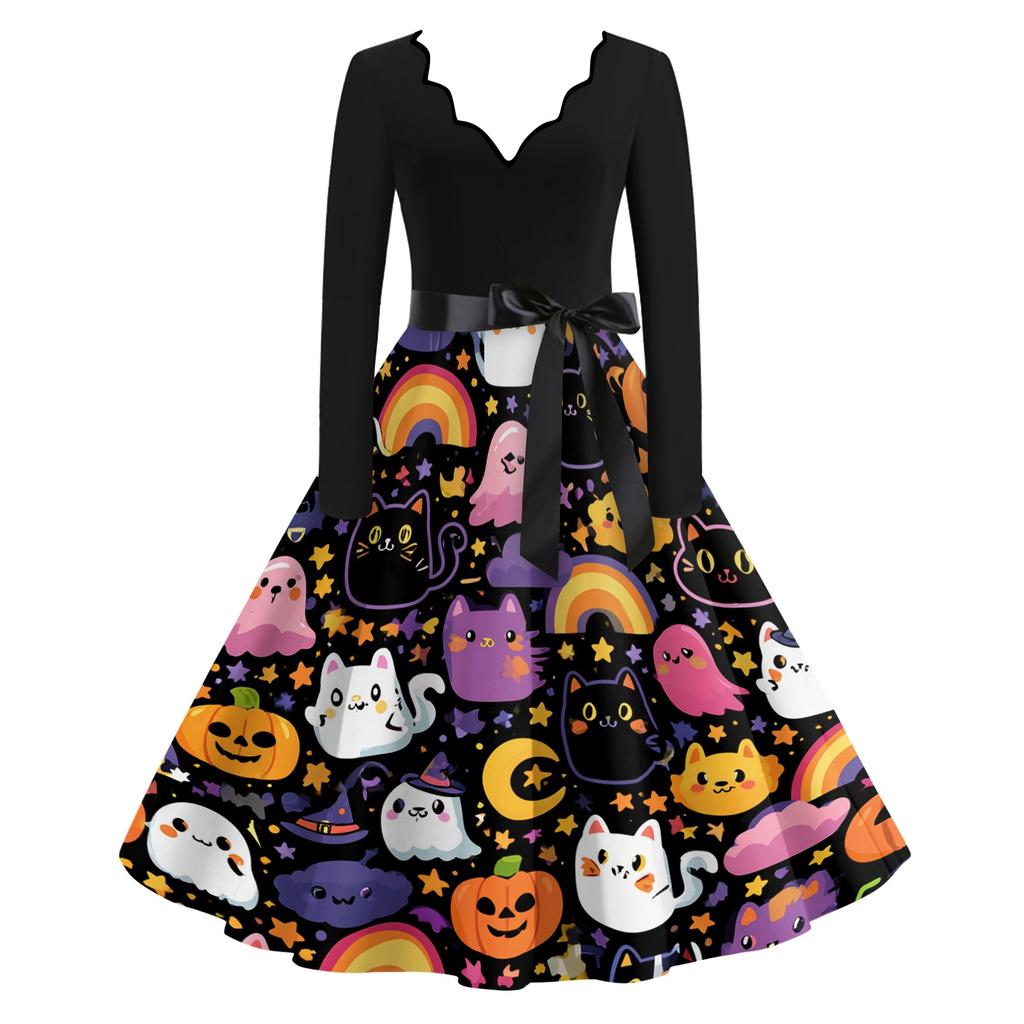 Women's Casual V-Neck Long Sleeve Halloween Print Vintage Dress for Halloween Party