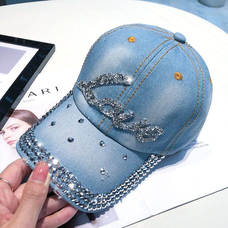 Women Punk Shiny Rhinestone Denim Baseball Cap Hip Hop Star Snapback Peaked Hat Adjustable Unisex  Korean Girl Dad Trucker