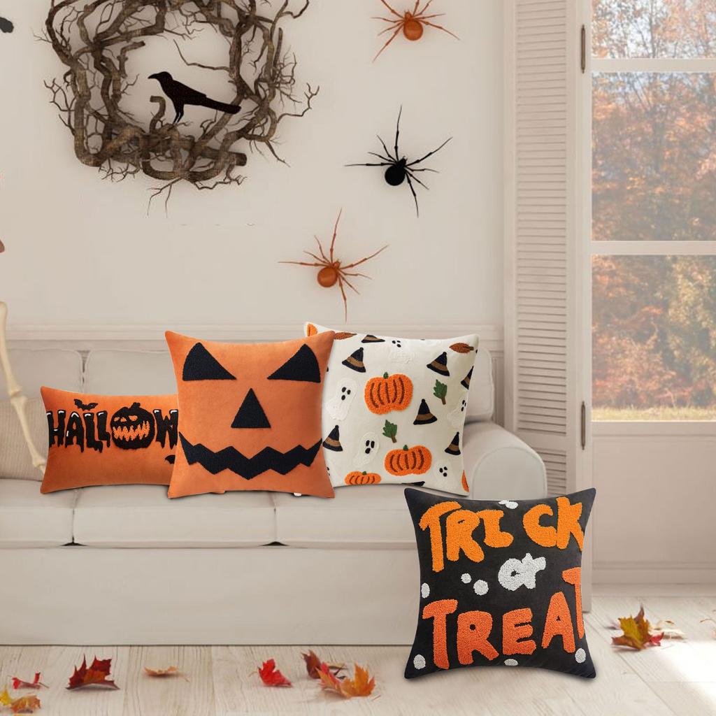 Halloween Embroidery Pillowcase Home Holiday Decoration Sofa Pillow Cover Living Room Plush Orange Cushion Covers 45x45