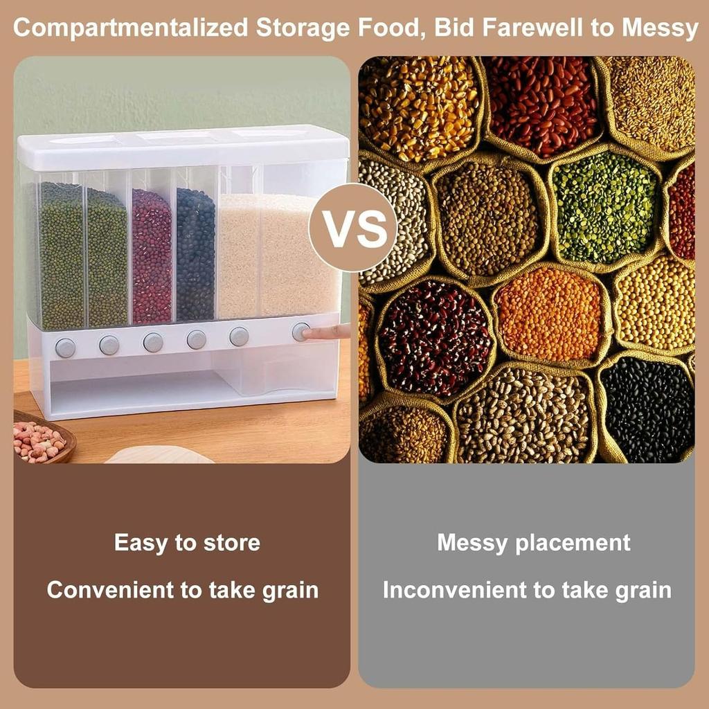 6 in1 Cereal Dispenser Dry Food Dispenser Storage Container Wall Mount Cereal Grain Rice Dispenser 6 Grid Rice Dispenser Food Bucket for Kitchen Home